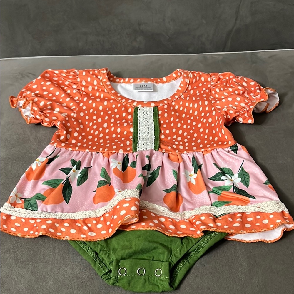 Orange Polka Dot Baby Dress with Green Bloomers
